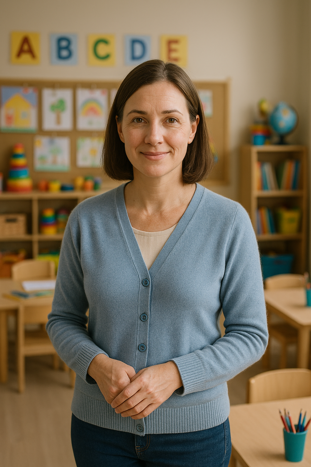 Učiteľka materskej školy počas tvorivej aktivity s deťmi, moderné vzdelávanie v MŠ s podporou AI nástroja pre učiteľky, ktorý zjednodušuje administratívu a tvorbu príprav podľa ŠVP.