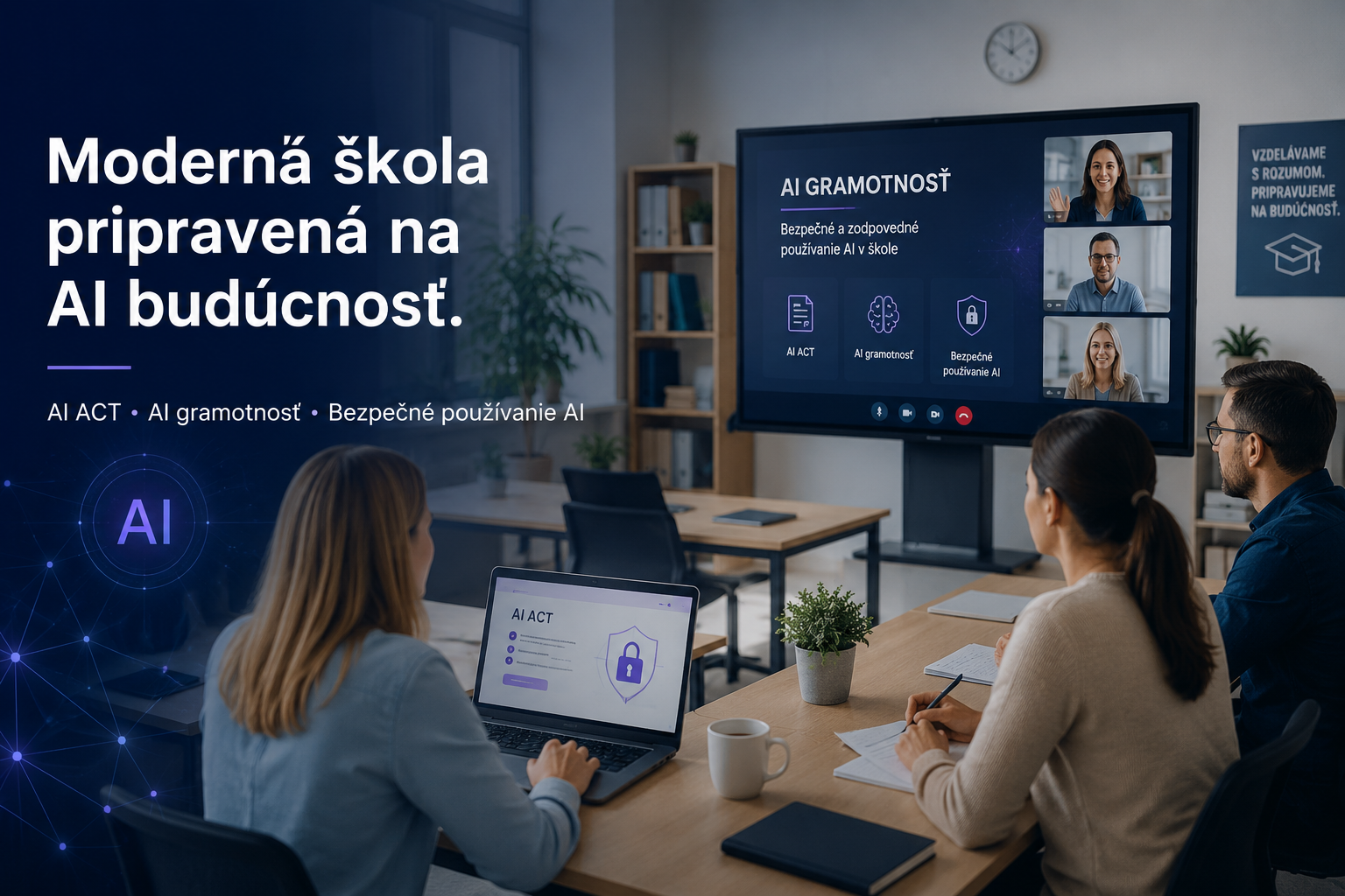 Moderná škola pripravená na AI budúcnosť – online školenie AI ACT pre pedagógov a vedenie škôl zamerané na AI gramotnosť a bezpečné používanie umelej inteligencie.