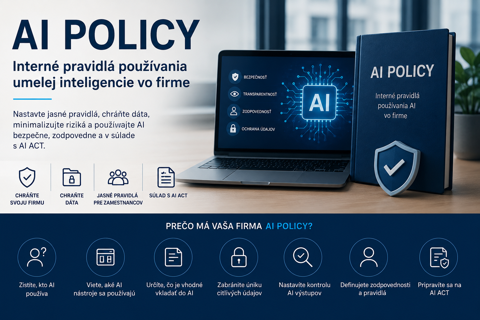 AI POLICY pre firmy – interné pravidlá bezpečného používania umelej inteligencie vo firme v súlade s AI ACT a ochrana firemných dát pomocou AI policy dokumentácie.